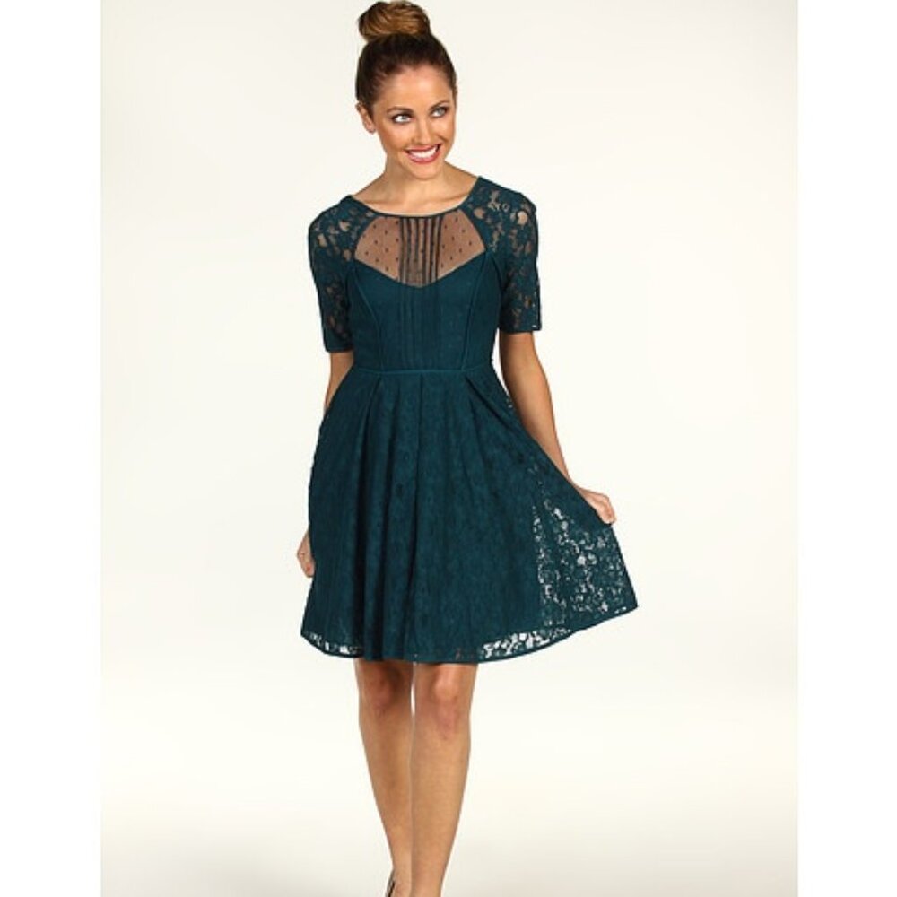 BCBGMAXAZRIA Julya Lace Dark Teal Pleated Cutout Cocktail‎ Dress Coquette